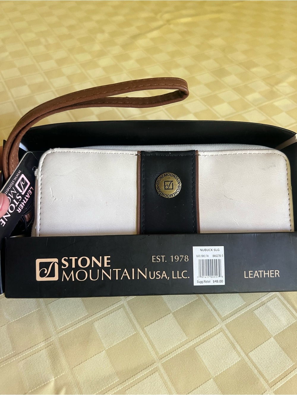 Stone Mountain Accessories White and Black Leather Wristlet with Brown Strap